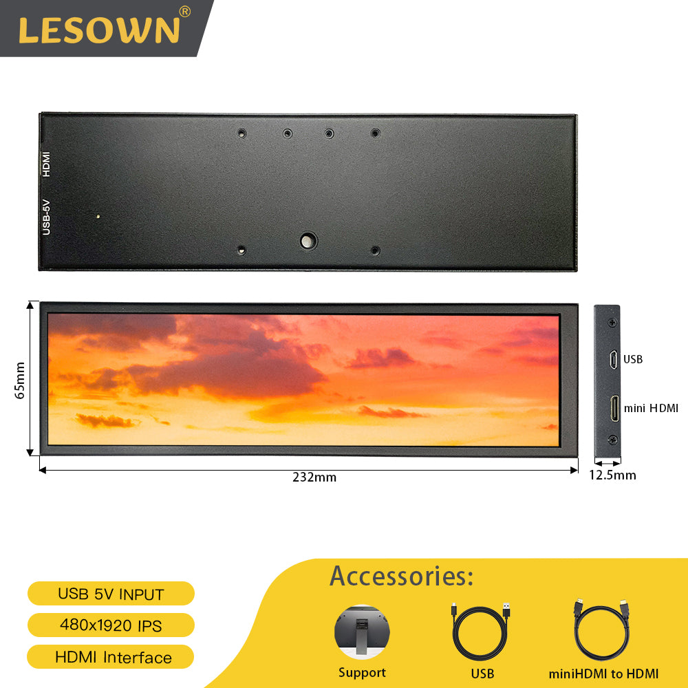 LESOWN P88-T 8.8 inch Long LCD Panel Display Touchscreen 1920x480 Wide Secondary Screen for Window PC