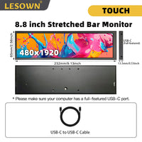 LESOWN P88D-T Touch Screen Long Display 8.8 inch 480x1920 600cd/m2  IPS Wide Extender Screen with Stand