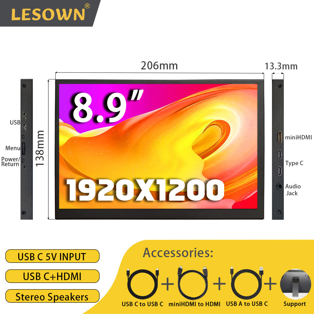 LESOWN P89GPT 8.9 inch Portable USB C Monitor IPS 1920x1200 Touch Small Sub HDMI Display