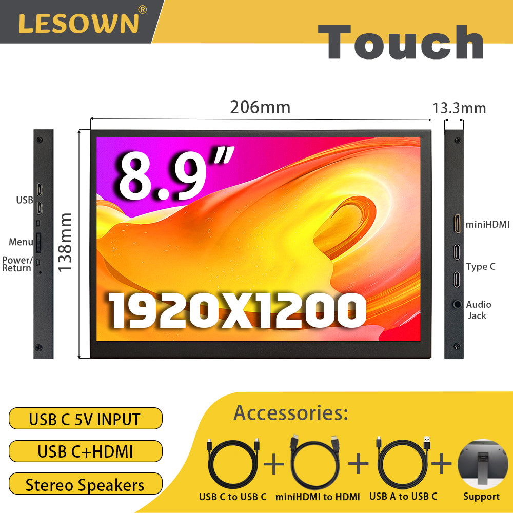LESOWN P89GPT 8.9 inch Portable USB C Monitor IPS 1920x1200 Touch Small Sub HDMI Display