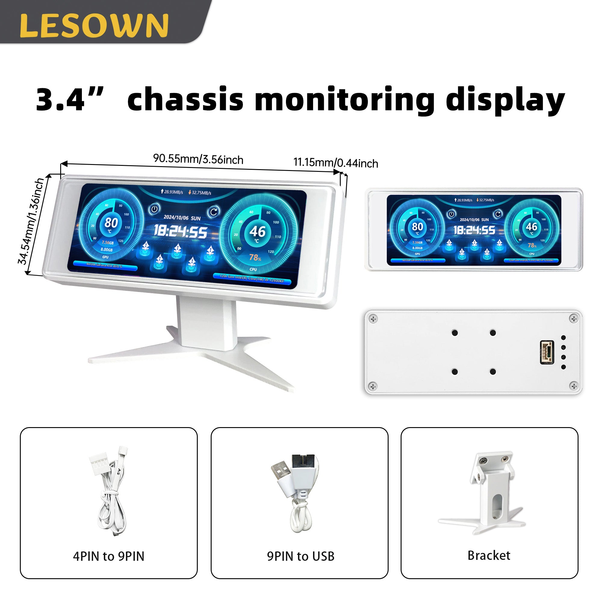 LESOWN P34FB P34FW 3.4 Inch Stretched Strip Display 376x960 LCD External Expansion Display CPU Hardware Temperature Monitor for Laptop PC
