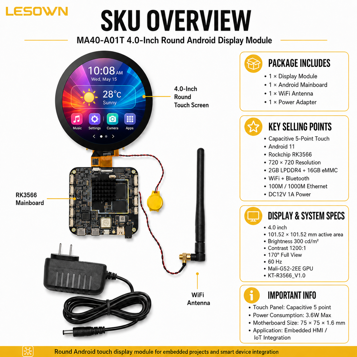 LESOWN Interactive 4in Square LCD Screen 720x720 Secondary Touchscreen HDTV Input Modding for Windows PC Builders
