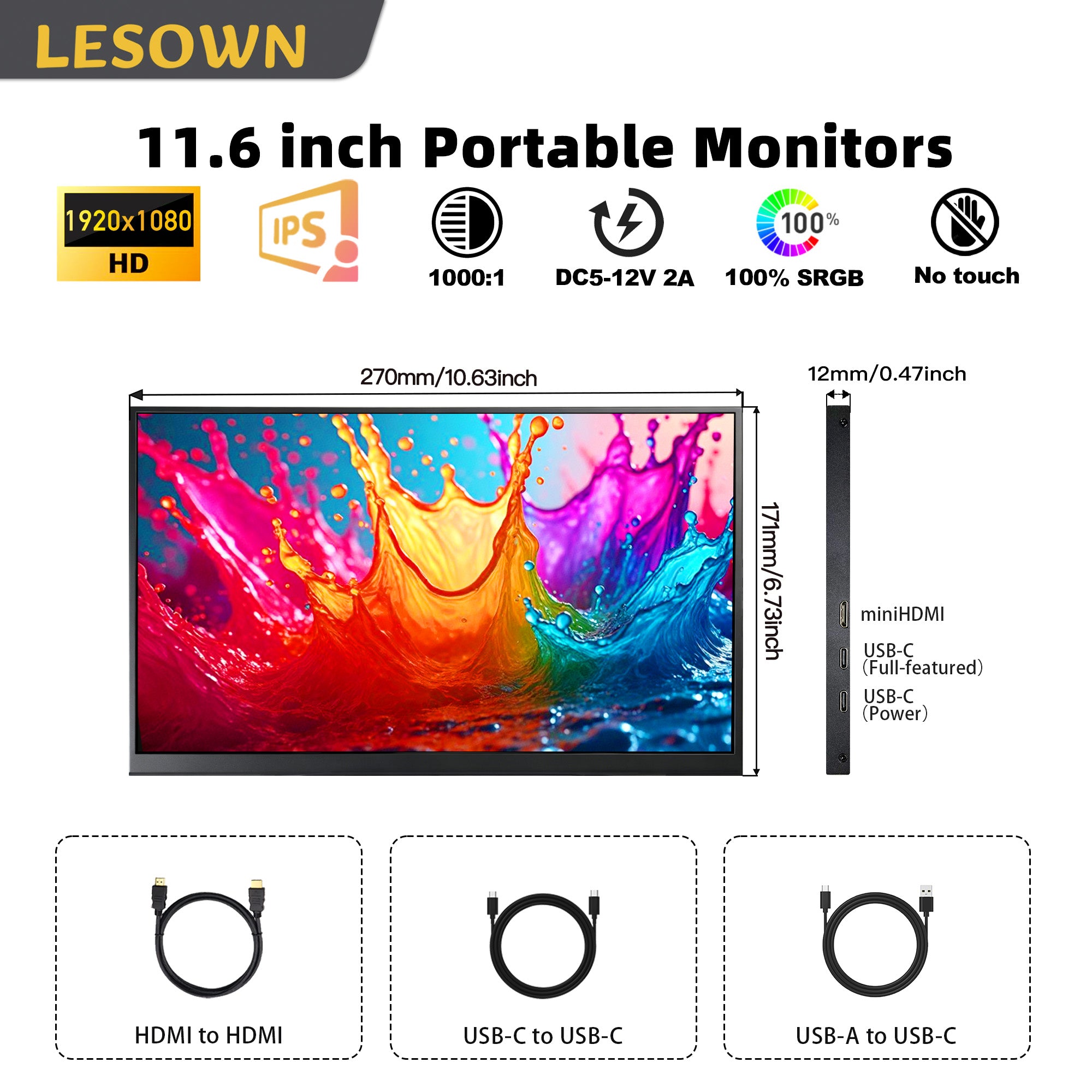 LESOWN P116GPS/P116GPT 11.6 inch Small Portable Monitor Touch FHD 1080P HDMI USB Type C Extend Portable Display