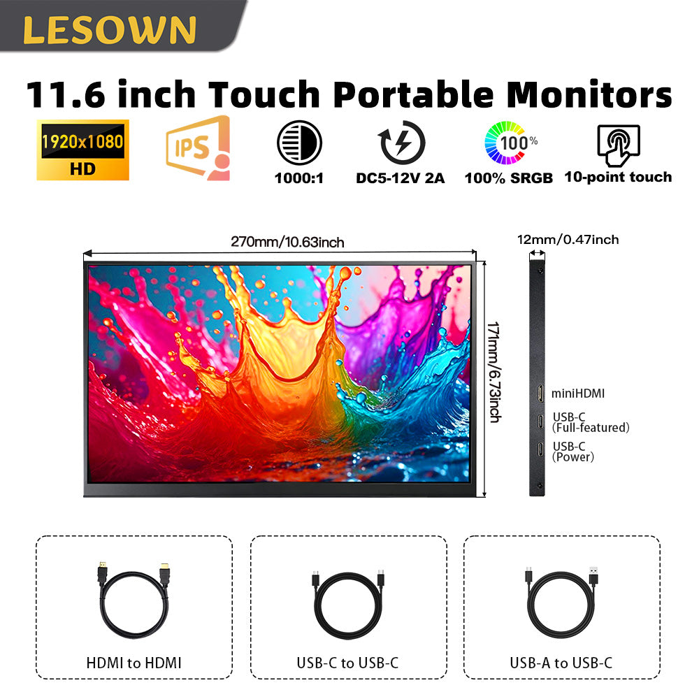 LESOWN P116GPS/P116GPT 11.6 inch Small Portable Monitor Touch FHD 1080P HDMI USB Type C Extend Portable Display