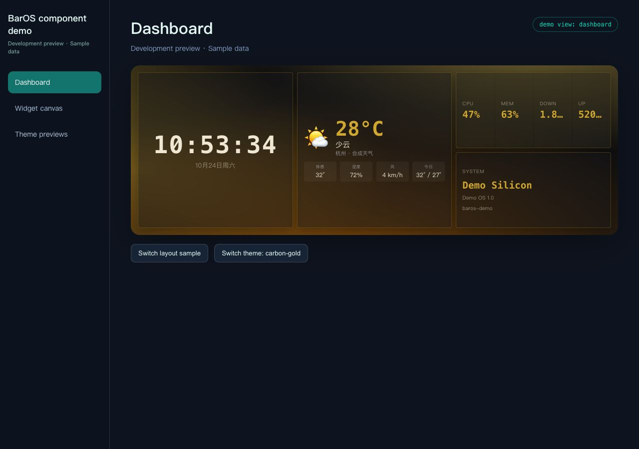 BarOS Studio dashboard demonstration showing time system information and weather
