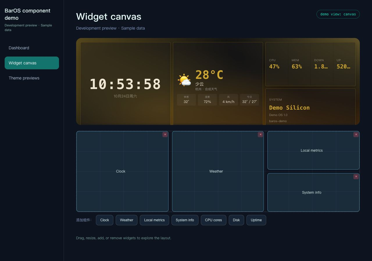 BarOS Studio widget canvas demonstration with movable dashboard elements