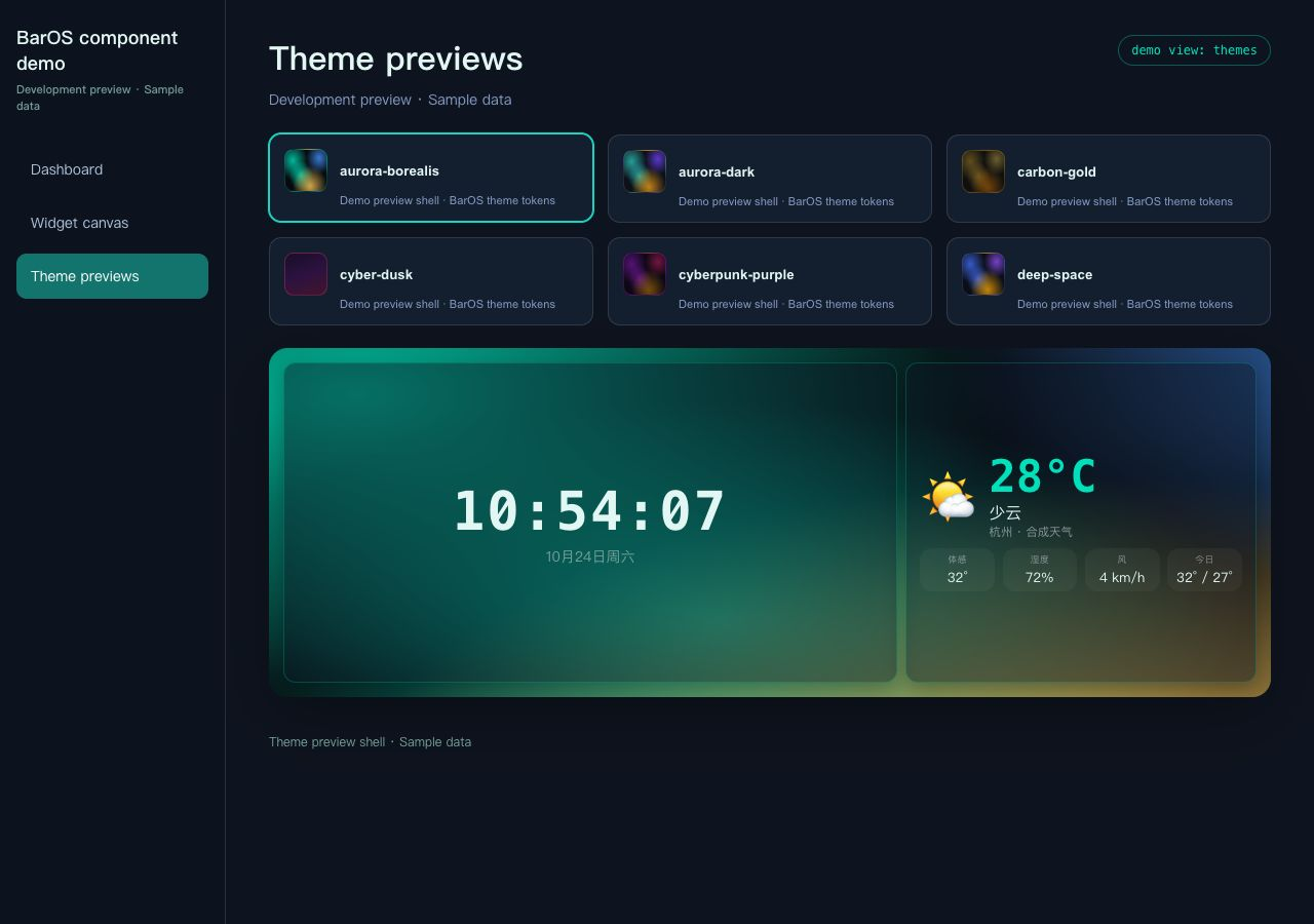 BarOS component theme previews rendered with demonstration data